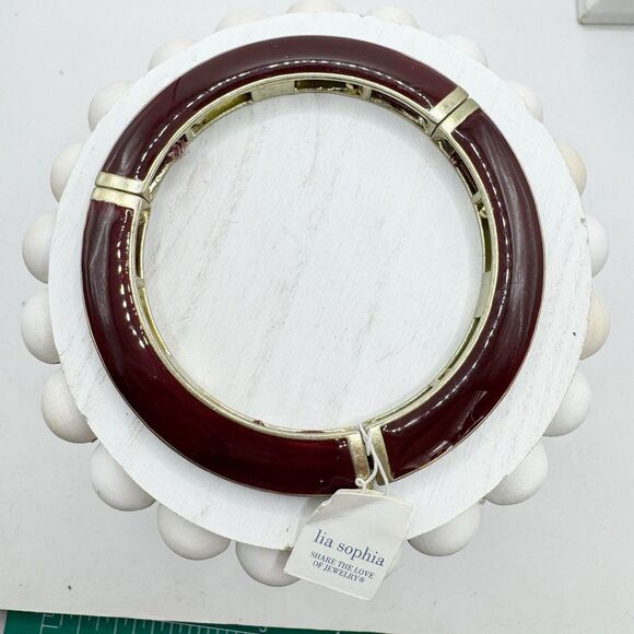 Lia Sophia NEW Burgundy Enamel Stretch Bangle Bracelet Fall Autumn Gold Tone - Picture 1 of 8